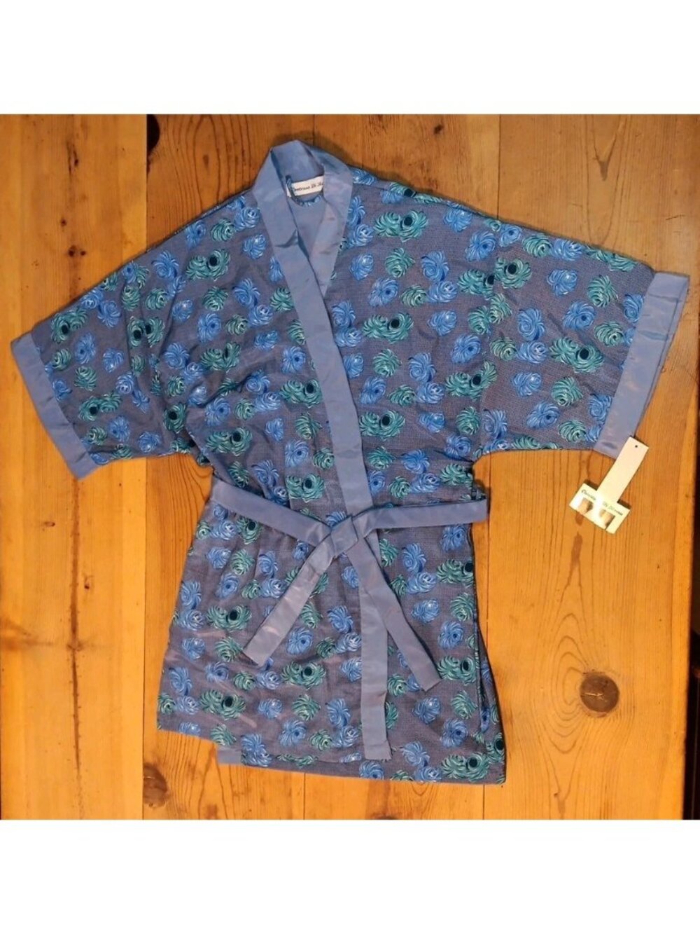 Contessa di Roma Dressing Robe Womens L Blue Floral Print Kimono Waist Tie New